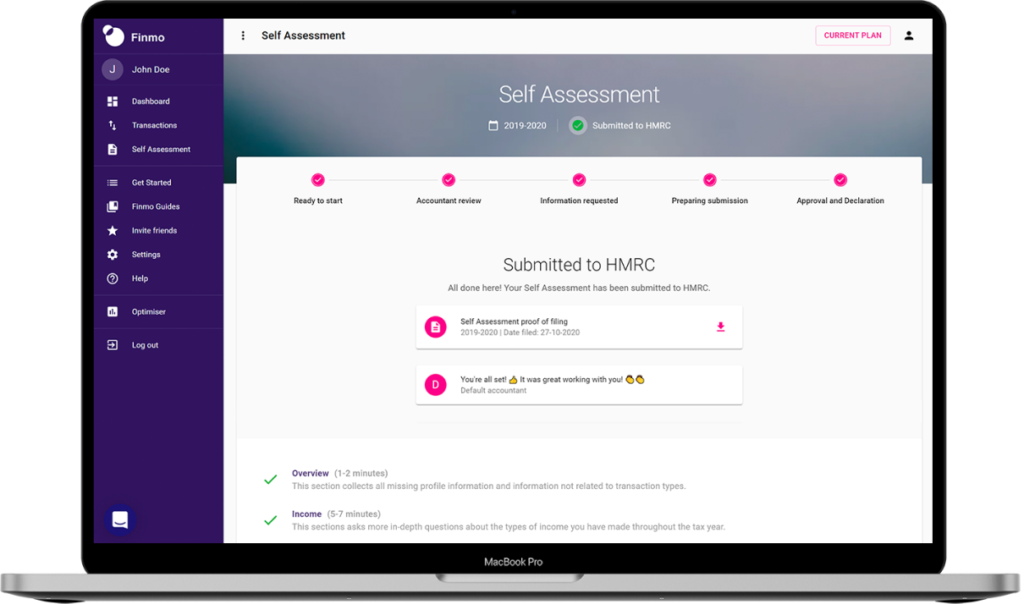 Finmo self assessment page desktop